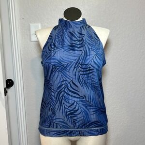 Cato Womens Blue Palm Leaf Tropical Halter Top High Neck Tencel Large NWT